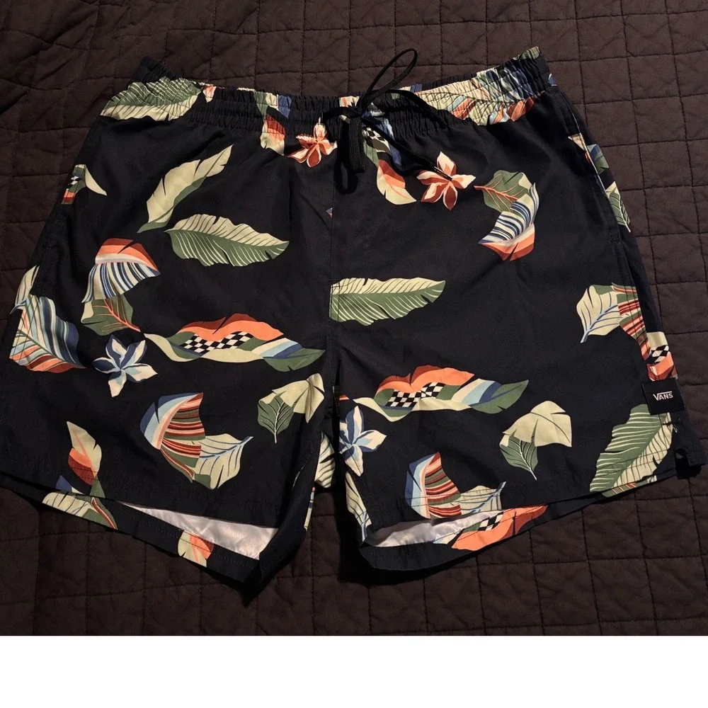 Vans Mens Large Tropical Floral Checkerboard Swim‎ Trunks Black Board Shorts